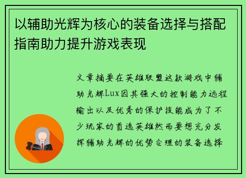 以辅助光辉为核心的装备选择与搭配指南助力提升游戏表现